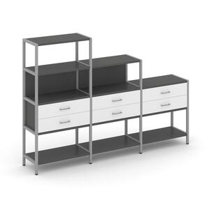 Трехсекционный стеллаж четырех/трех/двухярусный с ящиками