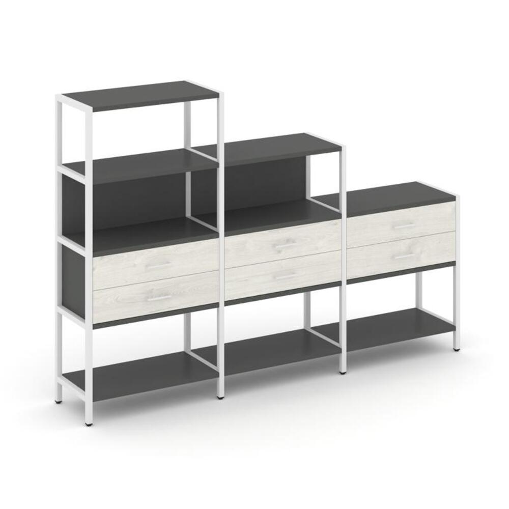 Трехсекционный стеллаж четырех/трех/двухярусный с ящиками