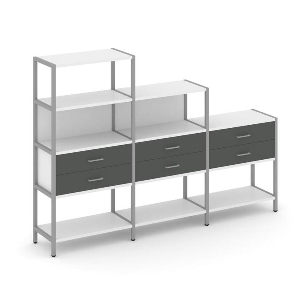 Трехсекционный стеллаж четырех/трех/двухярусный с ящиками