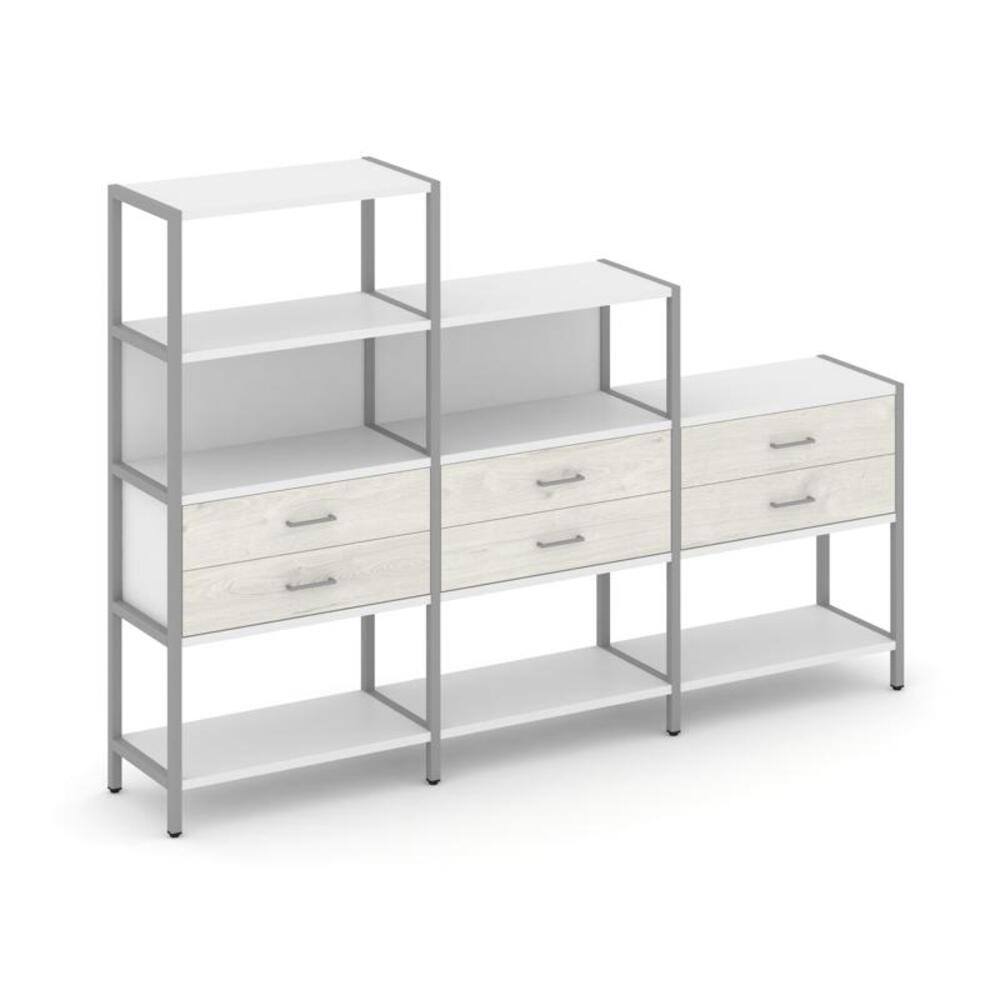 Трехсекционный стеллаж четырех/трех/двухярусный с ящиками