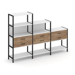 Трехсекционный стеллаж четырех/трех/двухярусный с ящиками