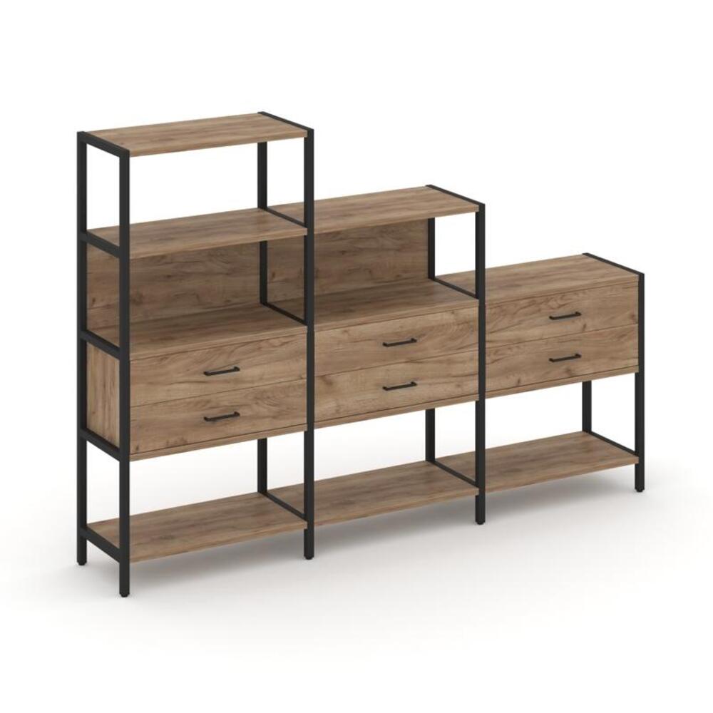 Трехсекционный стеллаж четырех/трех/двухярусный с ящиками