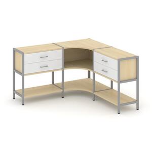 Трехсекционный угловой стеллаж двухярусный с ящиками