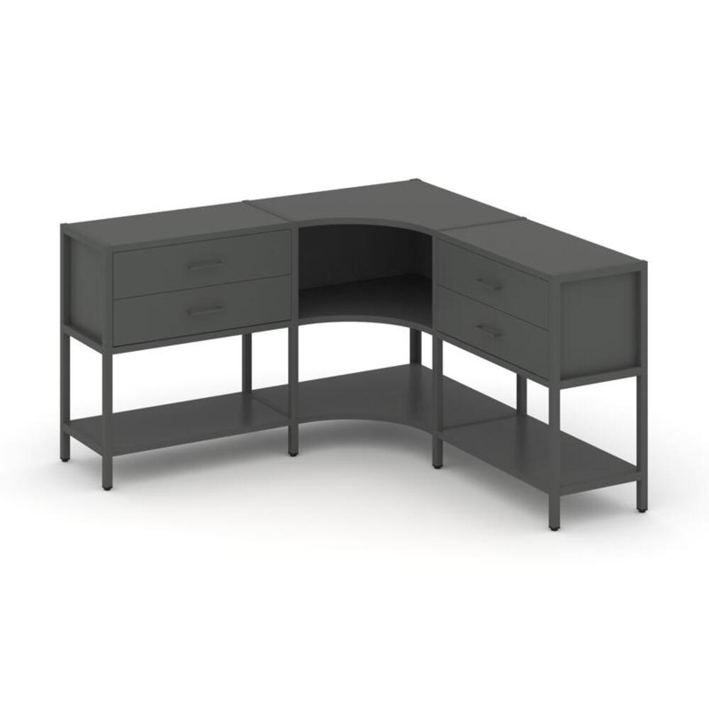 Трехсекционный угловой стеллаж двухярусный с ящиками