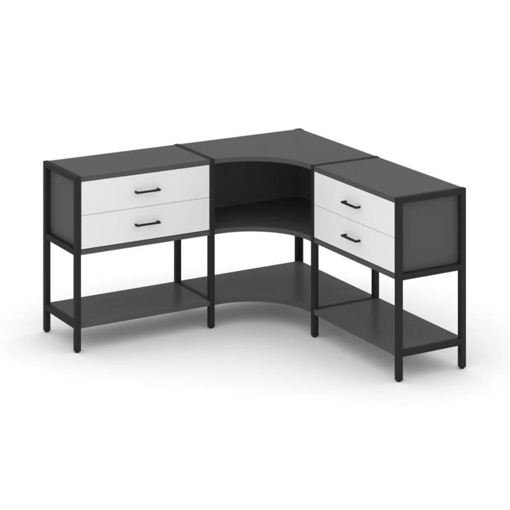 Трехсекционный угловой стеллаж двухярусный с ящиками