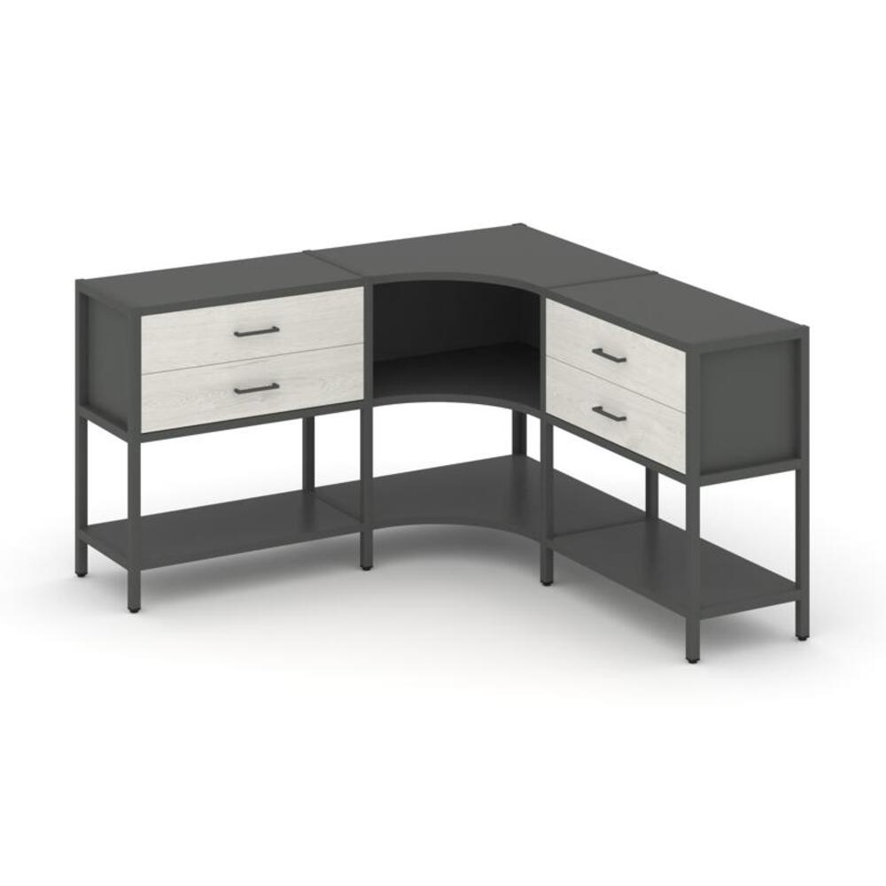 Трехсекционный угловой стеллаж двухярусный с ящиками