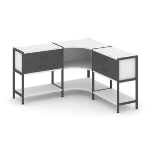 Трехсекционный угловой стеллаж двухярусный с ящиками