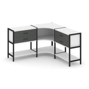 Трехсекционный угловой стеллаж двухярусный с ящиками