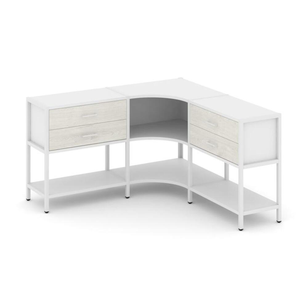 Трехсекционный угловой стеллаж двухярусный с ящиками