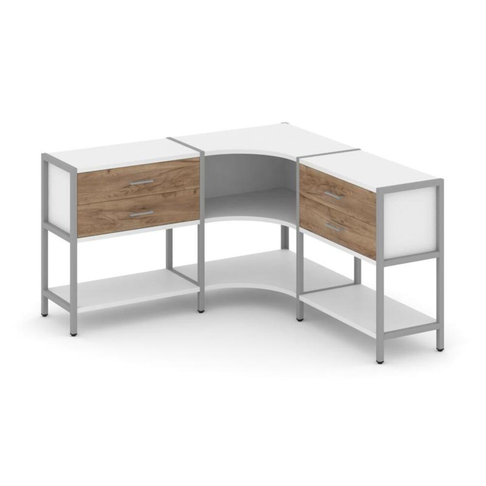 Трехсекционный угловой стеллаж двухярусный с ящиками