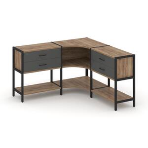 Трехсекционный угловой стеллаж двухярусный с ящиками