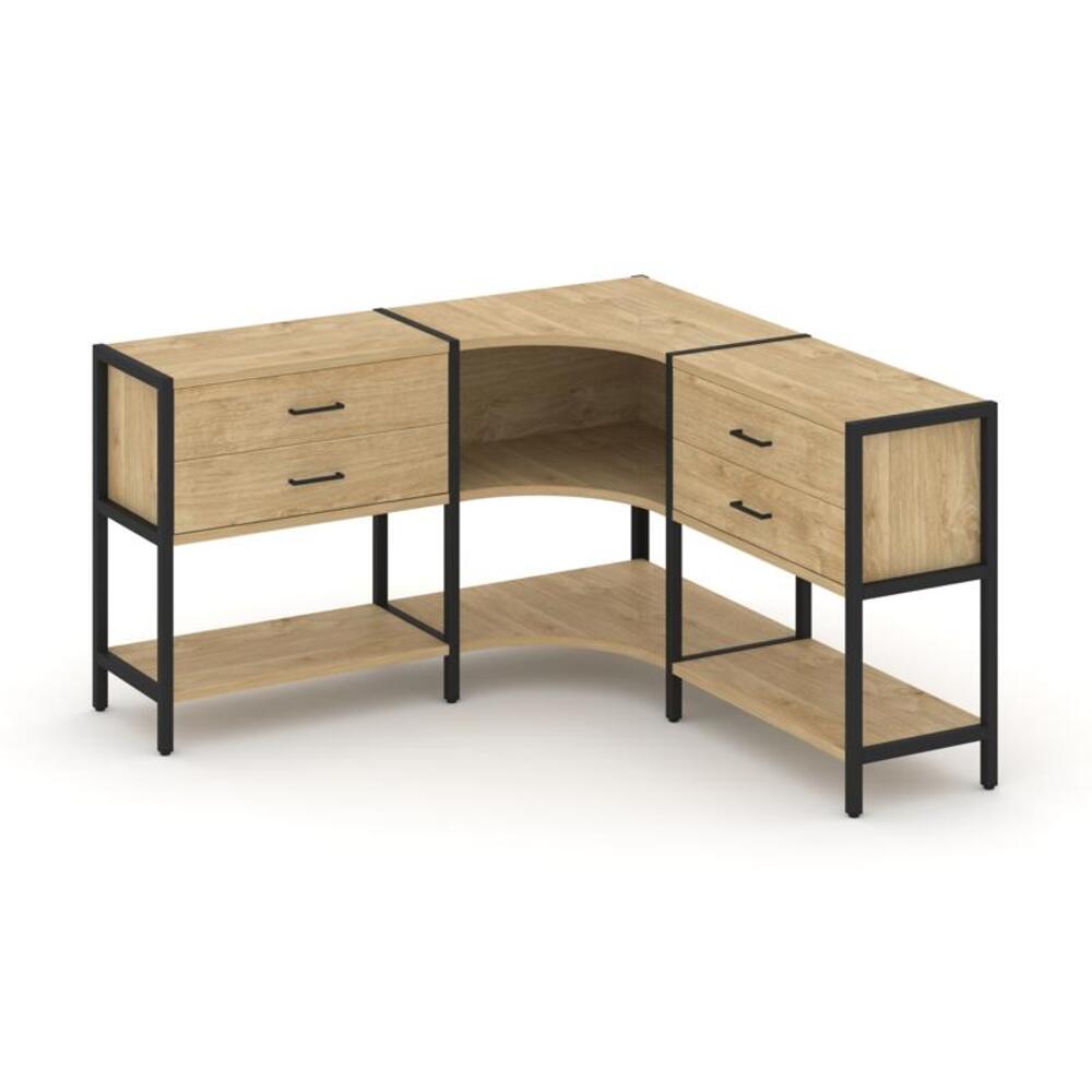 Трехсекционный угловой стеллаж двухярусный с ящиками