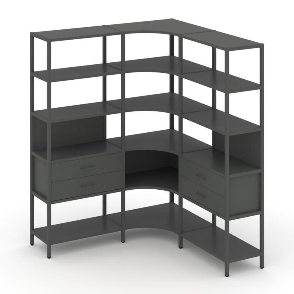 Трехсекционный угловой стеллаж пятиярусный с ящиками