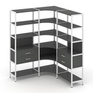 Трехсекционный угловой стеллаж пятиярусный с ящиками