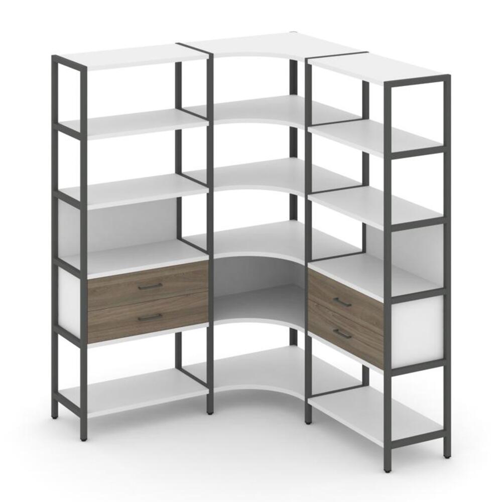 Трехсекционный угловой стеллаж пятиярусный с ящиками