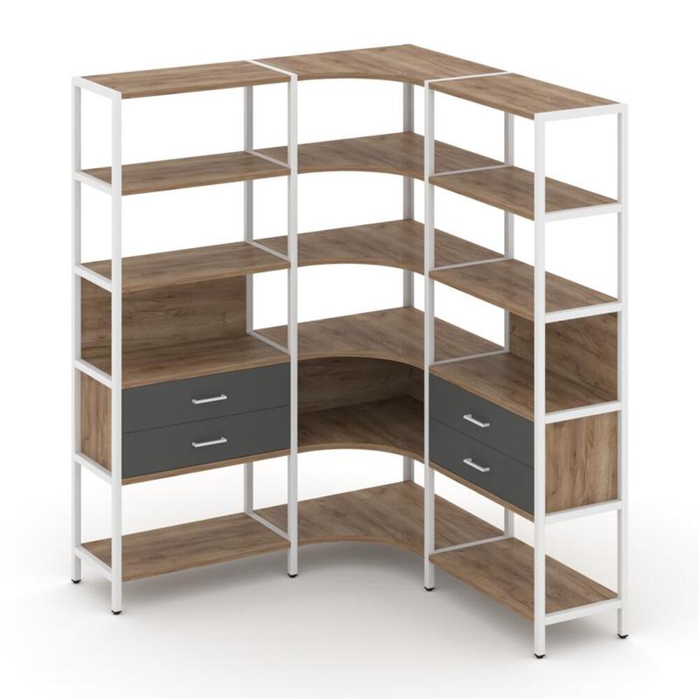 Трехсекционный угловой стеллаж пятиярусный с ящиками