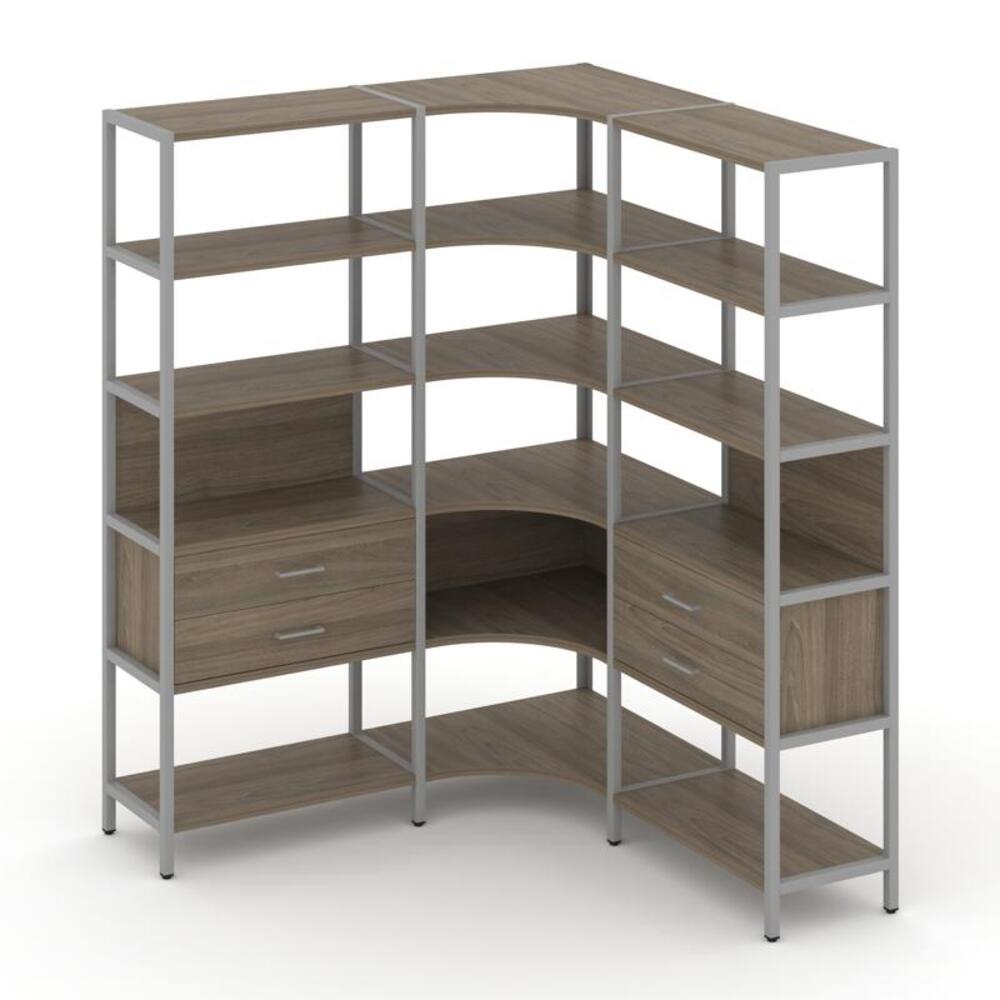 Трехсекционный угловой стеллаж пятиярусный с ящиками